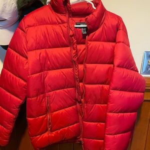 Red puffer coat